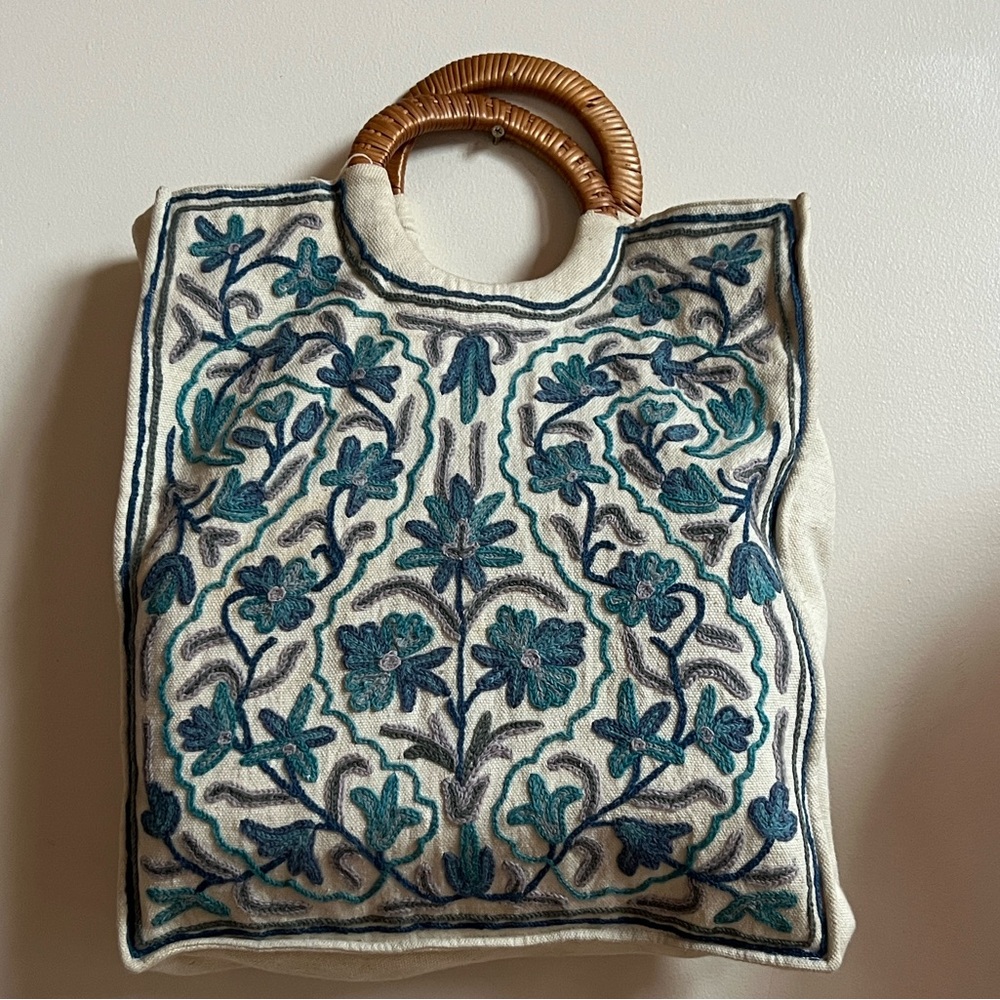 Anthropology style Kashmiri  embroidered tote with wicker Handles